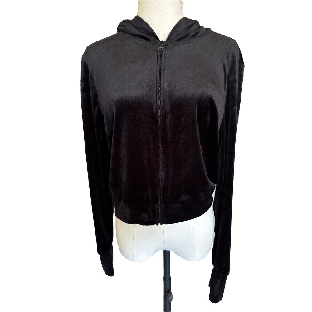 Aerie Offline Velour Hoodie Crop Sweater Black Long Sleeve Stretch Zipper Sz L